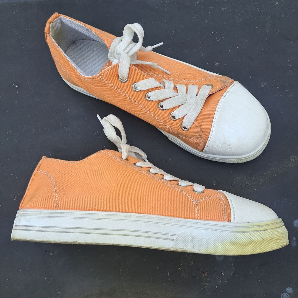 2/$15 Orange Canvas Sneakers with White Accents with stains